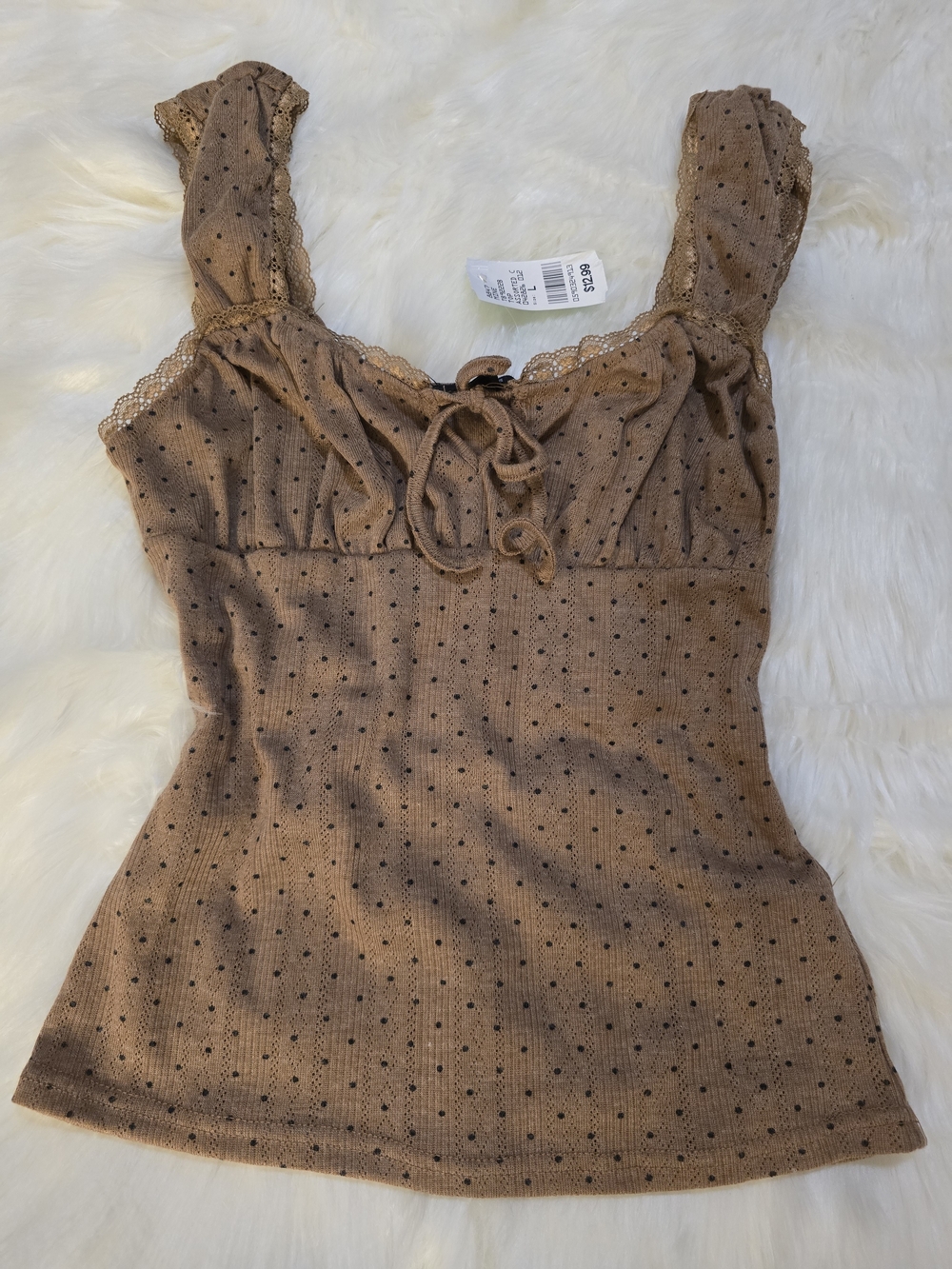 Brown Polka Dot Lace Knit Tank Top With Front Tie Size L